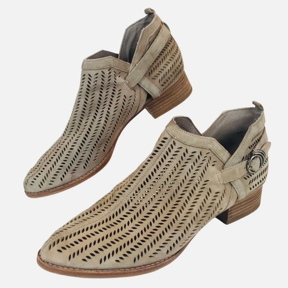 Vince Camuto Campina Bootie in Smoke Cloud Perforated Boot Suede
